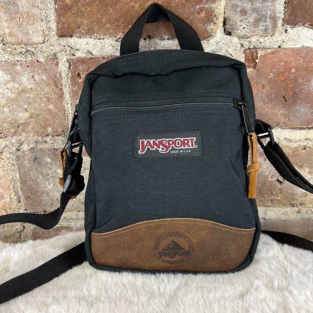 Vintage Jansport Crossbody Bag Black Leather Bottom One Size - Picture 2 of 10